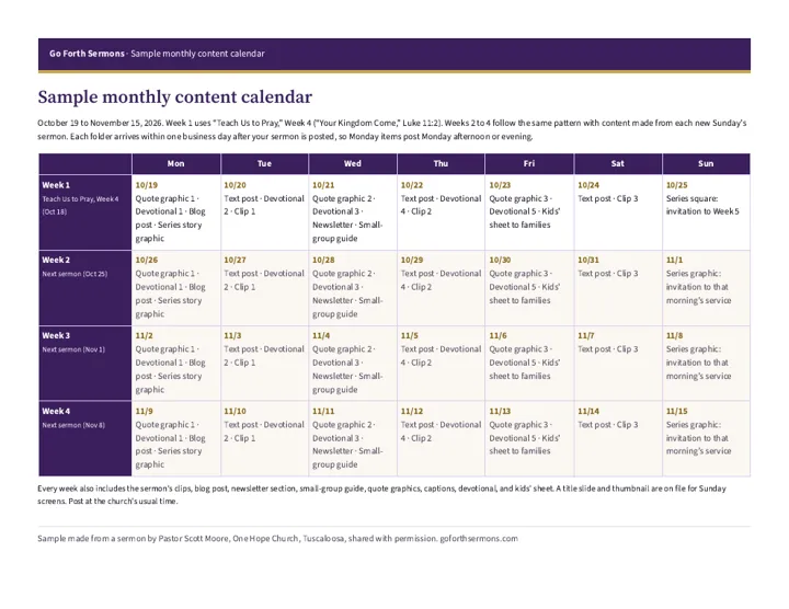 Preview of the one-page monthly content calendar