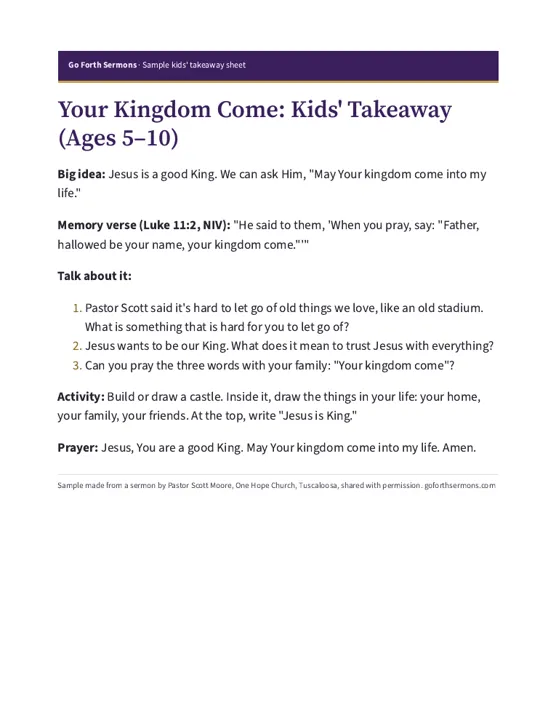 Preview of the one-page kids' takeaway sheet